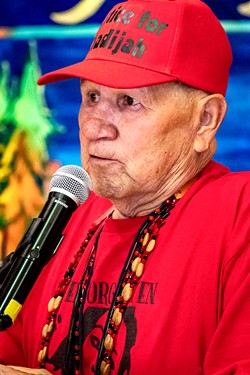 Ronnie Hostler talks about his granddaughter, Kadijah Britton, a Wailaki member of the Round Valley Indian Tribes, who was reported missing in 2018, during a press conference after the symposium. - PHOTO BY MARK LARSON