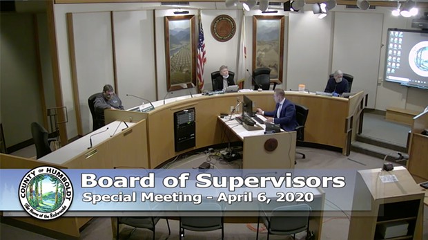 The Humboldt County Board of Supervisors meet in a virtual, socially distanced session, early in the pandemic. - SCREENSHOT