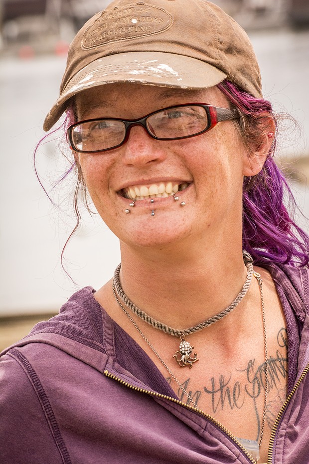 Brekin Van Veldhuizen, of Eureka, a graduate of the Northwest School of Wooden Boat Building, led the hands-on repair work on the Golden Rule at the Zerlang & Zerlang boat yard on the Samoa peninsula. She also came up with the team's informal t-shirt motto, "F*** War, Go Sailing." - MARK LARSON