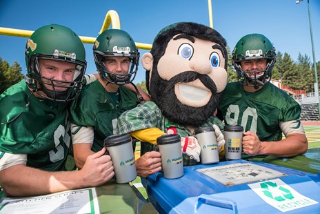 HSU Jacks and their mascot Lucky pose with reusable cups. - SUBMITTED