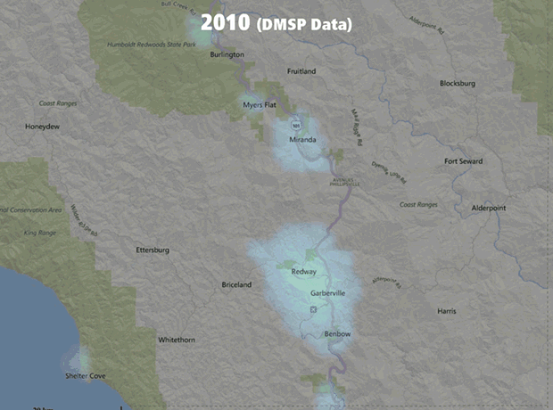 Light pollution in rural Southern Humboldt from 2010-2016, based on data from Earth Observation Group, NOAA National Geophysical Data Center. - LIGHTPOLLUTIONMAP.INFO