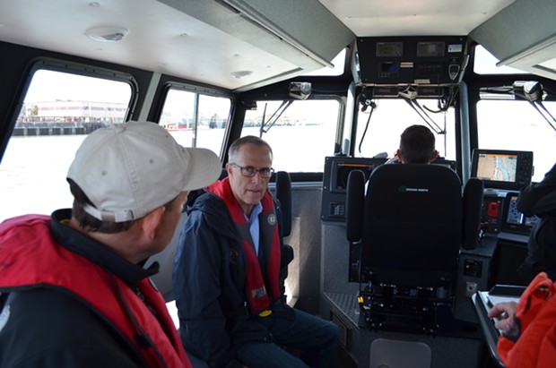 Huffman was joined by Harbor District commissioners Mike Wilson and Larry Doss. Bar Pilot Tim Petrusha piloted the fire boat shared by the Harbor District and Humboldt Bay Fire. - GRANT SCOTT-GOFORTH