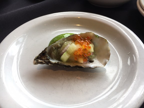 Cucumber gazpacho on an Oyster from Five Eleven. - JENNIFER FUMIKO CAHILL