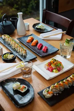 Clockwise from upper left: Klamath Roll, nigiri sushi, Tokyo Mule, butsugiri, the Kani Crunch Roll, Vegetarian Rolls, the Full Moon oyster shooter. - PHOTO BY AMY KUMLER. STYLING BY LYNN LEISHMAN.