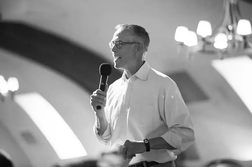 Congressman Jared Huffman speaks at a campaign event for Beto O'Rourke.