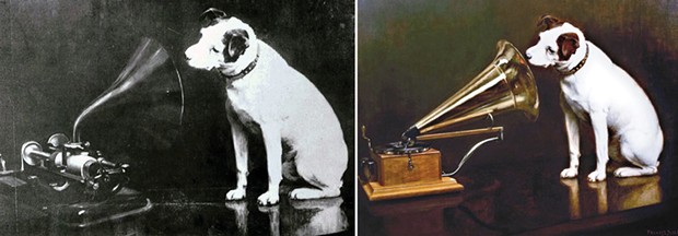 Francis Barraud’s original painting with an Edison phonograph and the later one in which Nipper is listening to his master’s voice coming from a Berliner gramophone.