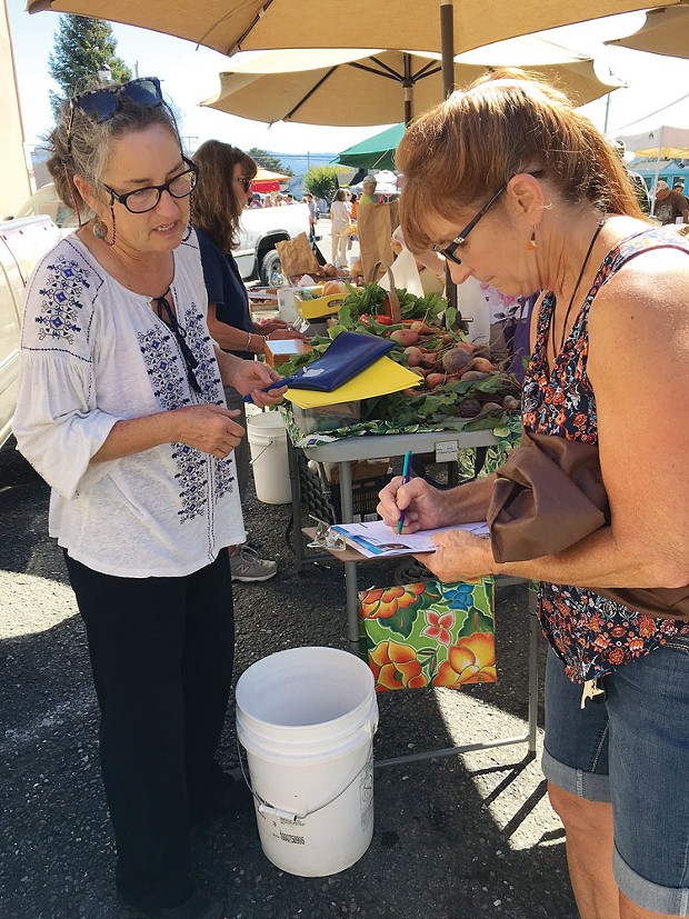 Donna Roudebush of Fortuna Union Elementary School District with Holly Kreb      of Flood Plain Produce at the Fortuna Farmers Market.