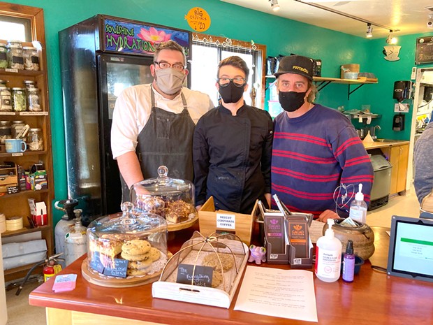 Kevin Dikes, Patch Fraga and Serg Mihaylo at the counter at Northtown Coffee.