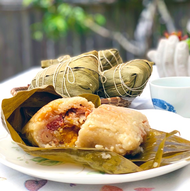 A piping hot sticky rice dumpling packed with treasures.