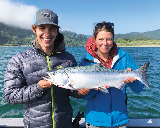 Colorado residents Matt Johnson and Louisa Behnke landed a nice spring salmon Monday while fishing the Klamath River estuary.