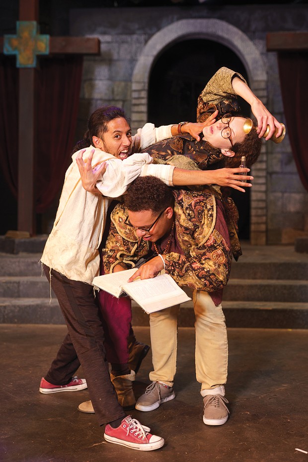 Oscar Nava, Kathryn Cesarz and AJ Hempstead cram all of Shakespeare's plays in two hours. Photo by  Evan Wisheropp.