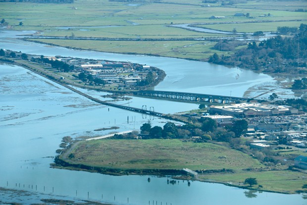 The Eureka Slough during a 2019 king tide event gives a glimpse of what sea-level rise will look like around Humboldt Bay.
