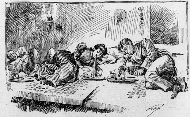 A newspaper illustration of an opium den.