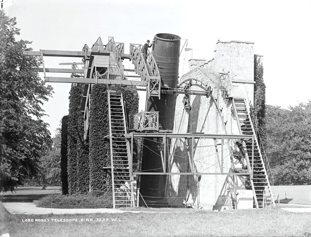 Located west of Dublin, Ireland, the Birr Leviathan was the world's largest telescope from 1845 to 1917. Its designer, William Parsons (standing by the eyepiece) made the first observation of "spirality" in a nebula in April 1848, thus giving birth to cosmology as an empirical science.