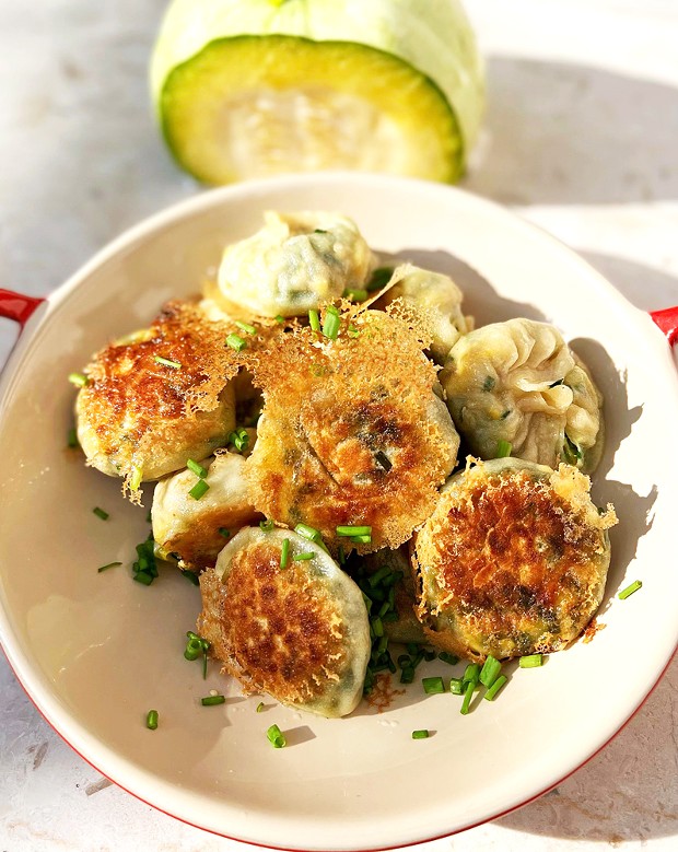 The flavor of early autumn tucked in crispy-bottomed dumplings.