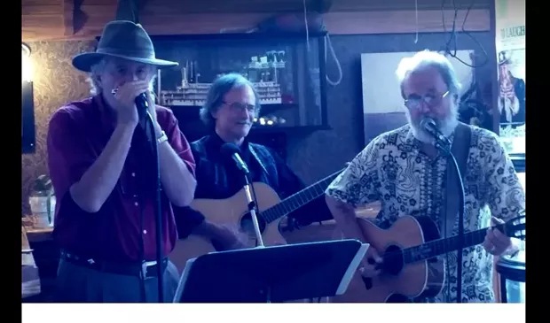 Frank Anderson on blues harp, Mark Jenny on guitar, Seabury Gould on guitar & piano, with all 3 musicians on vocals are the trio Legends of the Mind.