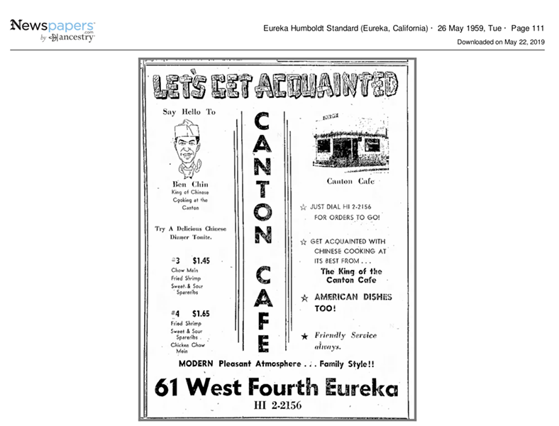1959 Canton Cafe menu - COURTESY OF DON CHIN