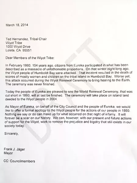 The letter former Mayor Frank Jager wrote to the Wiyot Tribe.