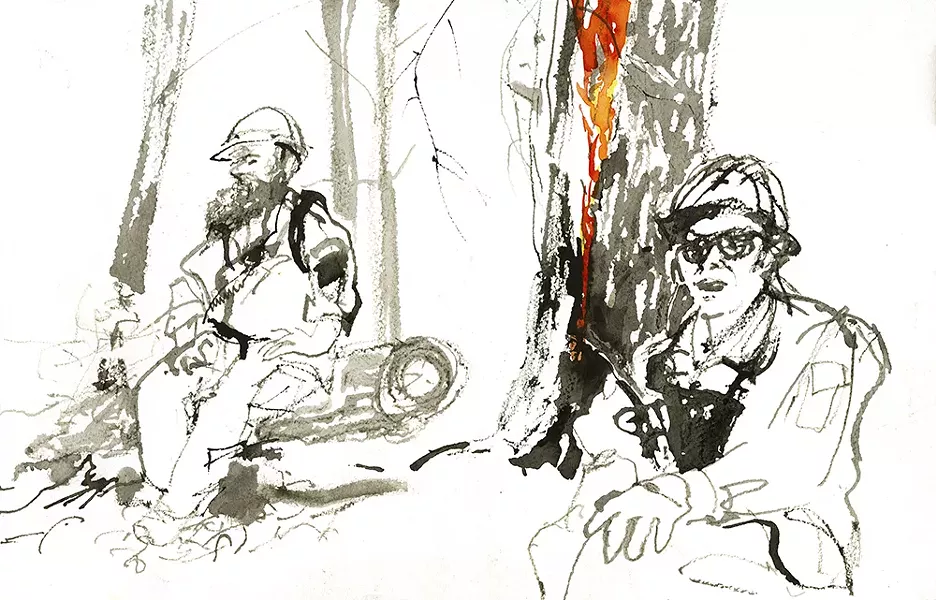 Art by Laurie Wigham depicts a firefighter in a moment of respite from the lines of a controlled burn.
