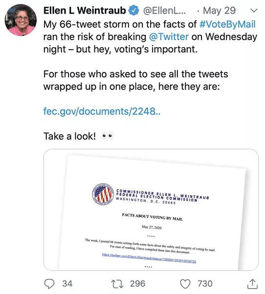 Screenshot of a Tweet from Ellen L Weintraub: "My 66-tweet storm on the facts of #VoteByMail ran the risk of breaking @Twitter on Wednesday night - but hey, voting's important. For those who asked to see all the tweets wrapped up in one place, here they are: fec.gov/documents/2248.."