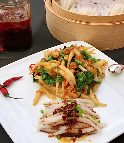 Pin noodles with chili sauce, pan fried or straight from the pot. - PHOTO BY WENDY CHAN