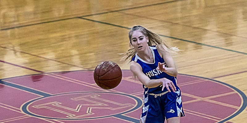 Fortuna High School Husky guard Teal Msotovoy whips the ball to teammate Kylee Fennell in a game earlier this year.
