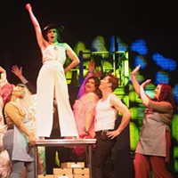 Kombujia (center), Miah Carter, Roux Kratt, Samahri Brice, Rigel Schmitt, Glit Clit, William English III and Amethyst Shelton in Kinky Boots.