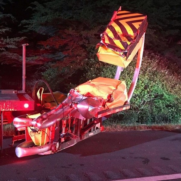 Caltrans' equipement damaged in last night's crash. - ARCATA FIRE PROTECTION DISTRICT