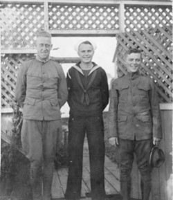 Pictured, left to right:  George Waldner, who served in WWI and WWII, returned home to manage the Ferndale Enterprise before being appointed State of California Parks Commissioner; Humboldt County WWI servicemen Mel Sanders and Husted Heinrici. (Photo provided by Humboldt County Historical Society)