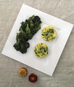 PHOTO BY SIMONA CARINI - Waste not, want not. Radish greens baked with eggs make small, satisfying bites.