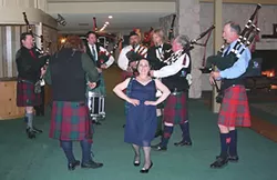Chieftain Denise Ryles Leading in the Humboldt Highlanders Pipe Band, Robert Burns Supper, 2015