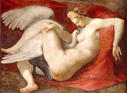 PUBLIC DOMAIN. - Copy of Michelangelo’s lost painting “Leda and the Swan.” The god Zeus took the form of a swan in order to seduce Leda, queen of Sparta, resulting in two eggs, one of which hatched Helen of Troy, “whose face launched a thousand ships.”