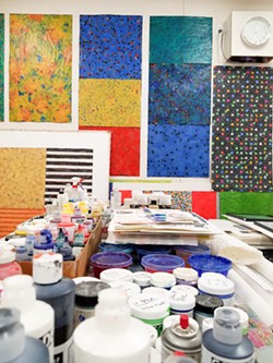 The interior of Joan Gold's dazzlingly patterned Eureka studio, where works in progress hang on the walls. Photo by Gabrielle Gopinath