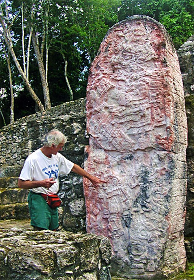 Was that Dec. 21 or 22? Author checking 1,200 year-old Mayan stela at Calakmul, southern Mexico, for exactly when the world will end.
