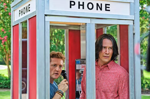 WHOA! PARTY ON! Bill S. Preston Esq. (Alex Winter, left) and Ted Theodore Logan (Keanu Reeves) travel into the future to find their older selves after they've hopefully written a world-uniting song, in Bill & Ted Face the Music, now available on demand. - PHOTO COURTESY OF HAMMERSTONE STUDIOS