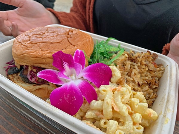 DELISH DISH Macaroni salad and pineapple fried rice support the salty-sweet crunch of Field to Table's Kalua pork sandwich, which comes with Asian cabbage slaw and fried shallots on a Hawaiian bun. - PHOTOS BY CAMILLIA LANHAM