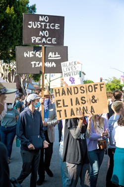 CHARGED SLO Mayor Heidi Harmon accused SLO County District Attorney Dan Dow of disenfranchising three Black protesters who were charged in relation to the July 21 protest (pictured) in SLO. - FILE PHOTO BY JAYSON MELLOM