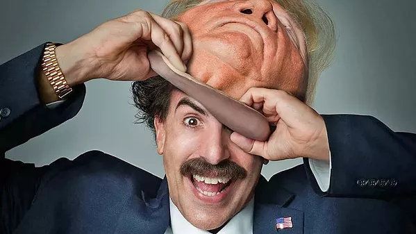 TRUMPING TRUMP Kazakh TV journalist Borat Sagdiyev (Sacha Baron Cohen) disguises himself as President Trump to crash the 2020 CPAC in the hilarious sequel Borat Subsequent Moviefilm. - PHOTO COURTESY OF AMAZON STUDIOS