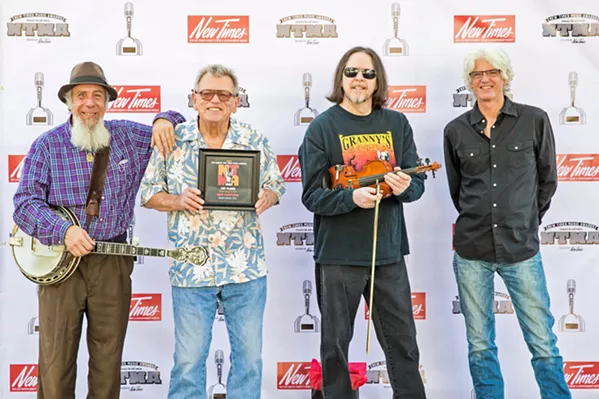 BEST SONGWRITER Irascible Don Lampson (second from left)—with band members (left to right) BanjerDan Mazer, Eric Brittain, and Charlie Kleeman—won Best Songwriter for the narrative insta-classic "Bakersfield Girl." - PHOTO BY JAYSON MELLOM