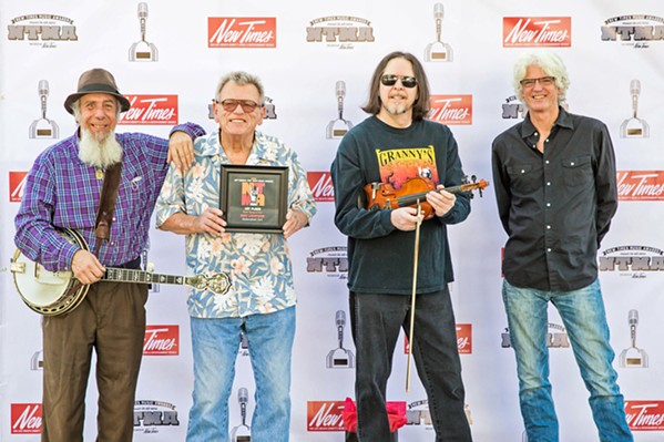BEST SONGWRITER Irascible Don Lampson (second from left)&mdash;with band members (left to right) BanjerDan Mazer, Eric Brittain, and Charlie Kleeman&mdash;won Best Songwriter for the narrative insta-classic "Bakersfield Girl." - PHOTO BY JAYSON MELLOM