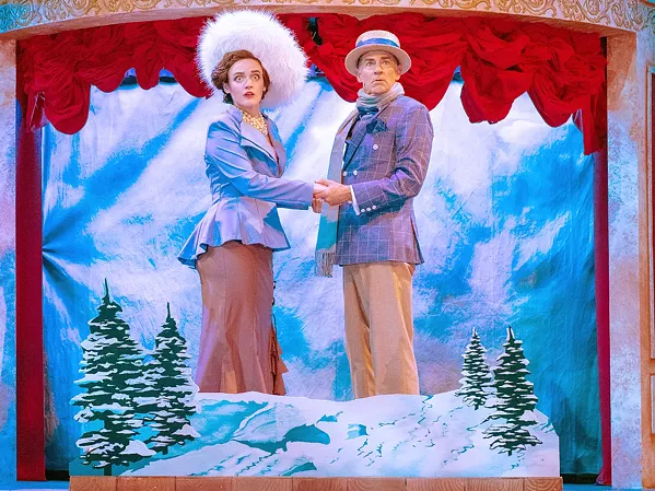 SNOW GLOBE THEATER Home for the Holidays, a new virtual cabaret from PCPA, will feature an hour-long marathon of song and dance numbers from several performers, including Andrew Philpot (pictured here with Taylor Hart in a snowy scene from PCPA's A Gentleman's Guide to Love and Murder). - COURTESY FILE PHOTOS BY LUIS ESCOBAR/REFLECTIONS PHOTOGRAPHY STUDIO