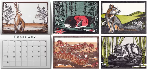 WILD AT HEART Lompoc printmaker Angelina LaPointe is showcasing a variety of her block print illustrations through her 2021 Flora and Fauna calendar. Each month includes a different portrait of local wildlife. - COURTESY IMAGE BY ANGELINA LAPOINTE