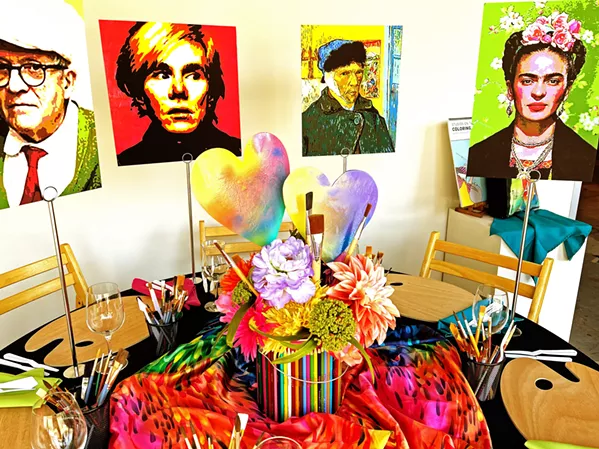 HOST AN ART PARTY The bag and its contents are perfect for two people to have a creative and romantic night at home, or patrons could buy a couple of bags and invite the kids. Artists pictured are (left to right) David Hockney, Andy Warhol, Vincent Van Gogh, and Frida Kahlo. - PHOTOS COURTESY OF STUDIOS ON THE PARK