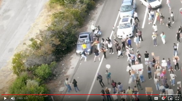 EVIDENCE The driver of a silver 2016 BMW sedan collides with local Black Lives Matter protestors on the southbound side of Highway 101 on July 21, 2020. - SCREENSHOT COURTESY OF SLO POLICE DEPARTMENT DRONE FOOTAGE