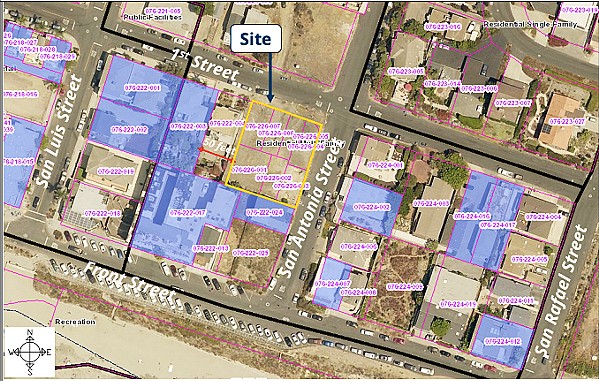 SURROUNDED A map shows the many already existing vacation rental properties (highlighted in blue) that surround the HDFT Investments housing development in Avila Beach. - IMAGE FROM SLO COUNTY PLANNING COMMISSION REPORT