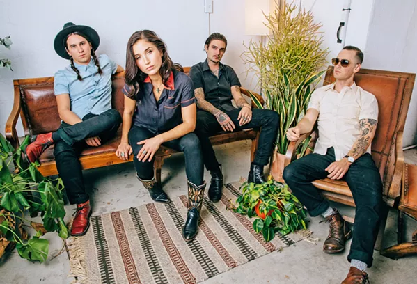 HOMETOWN HEROINE! Santa Margarita native Jade Jackson (second from left) and her band—Devin Hollister (left), Julian Ness (second from right), and Tyler Miller (right)—headline the Fremont Theater on Aug. 7. - PHOTO COURTESY OF ALICE BAXLEY