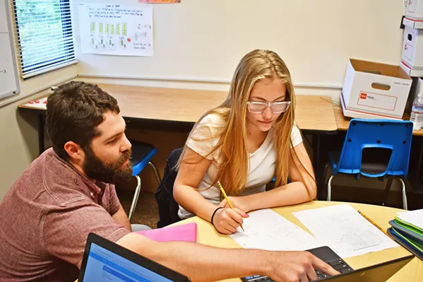 ONE-ON-ONE Students (photo taken pre-pandemic) enrolled at Pacific View Academy, an independent study school, get at least an hour of time with their teacher every week to make sure they're staying on track. - PHOTO COURTESY OF LUCIA MAR UNIFIED SCHOOL DISTRICT