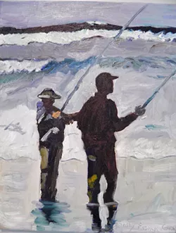 GO FISH Out of all the oil paintings featured in her latest Santa Maria exhibit, Taffy French-Gray is most proud of "the one of the two fishermen," she said, referring to her portrait of two silhouetted figures armed with fishing poles, standing on a shore with the ocean water up to their feet. Abstract strokes of crashing waves can be interpreted in the distance. - COURTESY IMAGES BY TAFFY FRENCH-GRAY