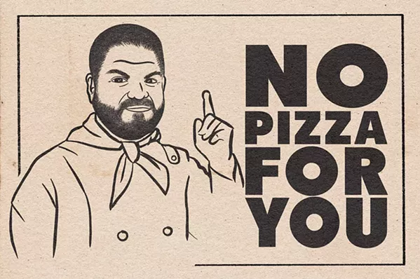 PICKY PIZZAIOLO Shirts to be worn by Benny's Palace employees—and also available for purchase—take their cue from Seinfeld's infamous soup chef and his strict ordering protocol. - COURTESY PHOTO/DESIGN BY CURTIS CAMPBELL