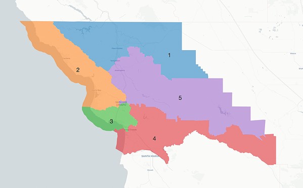 STATUS QUO This proposed redistricting map, called Plan A, keeps SLO County's supervisorial districts largely as they are. - MAP COURTESY OF SLO COUNTY